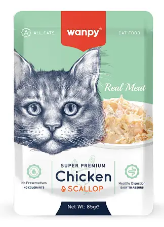 Купить wanpy cat влажный корм для кошек из курицы и гребешка (пауч)